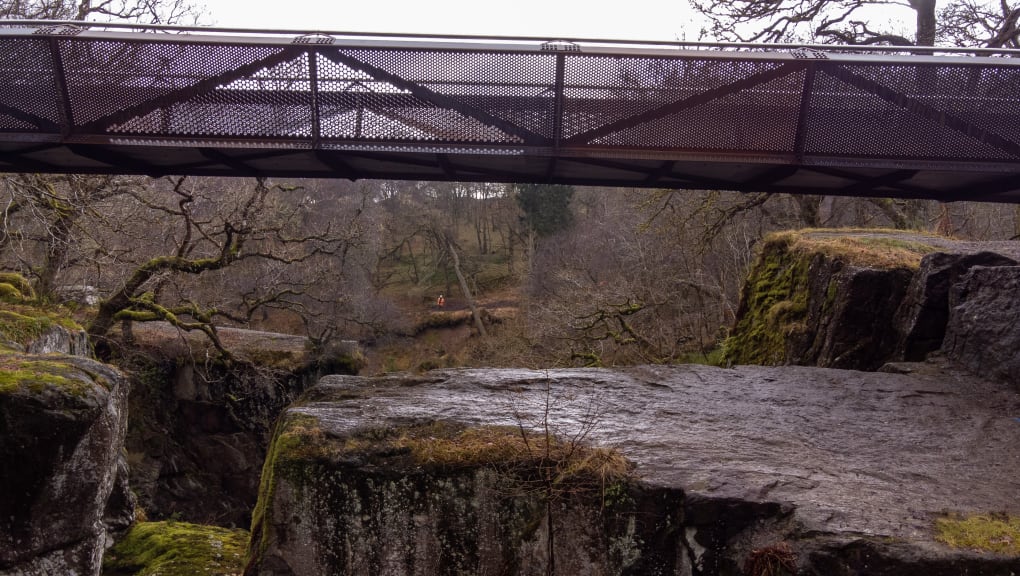 Side view of Bracklinn Falls Footbridge. Copyright Timlapse Scotland