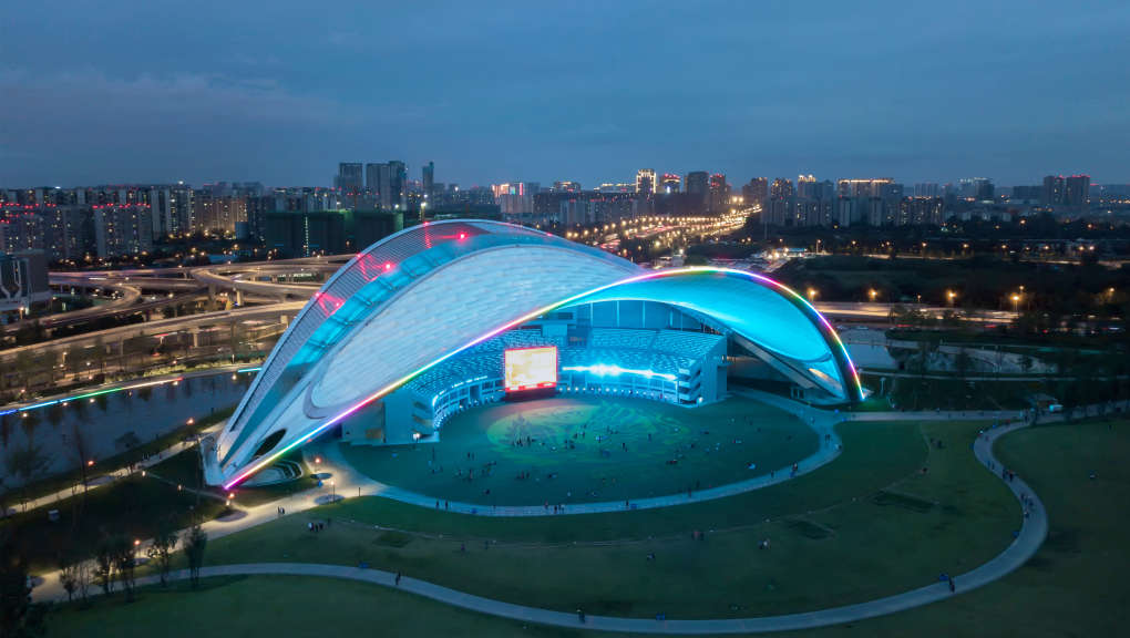 The theatre at dusk. Copyright: China Southwest Architectural Design and Research Institute Corp., Ltd (CSWADI), 2026.