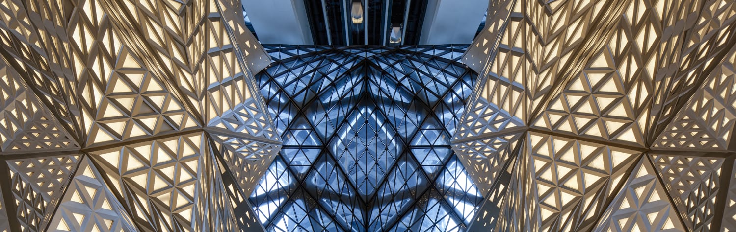 Interior view looking up at the roof in the Morpheus Hotel