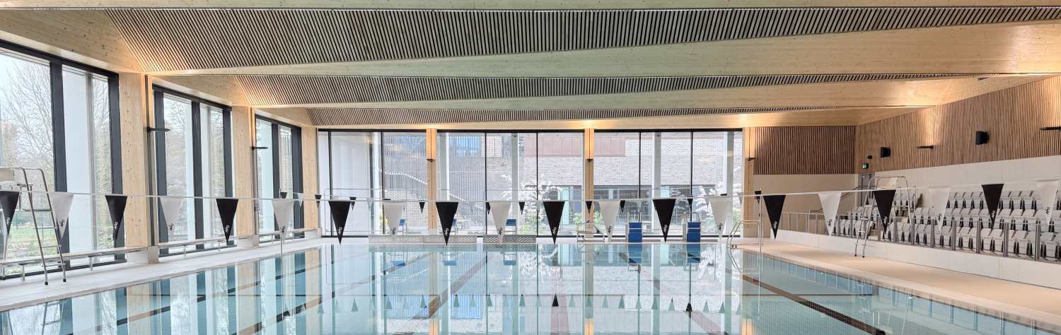 Indoor swimming pool with lap lanes, large windows, and a slatted wooden ceiling.