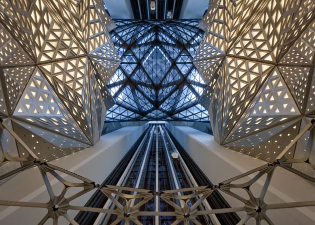 Interior view looking up at the roof in the Morpheus Hotel