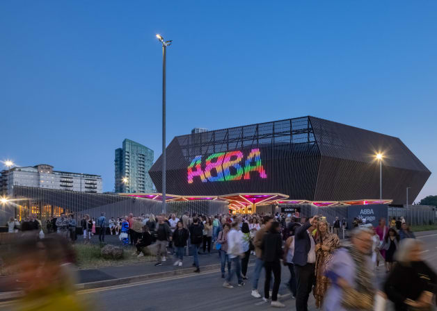 Exterior of ABBA arena at dusk