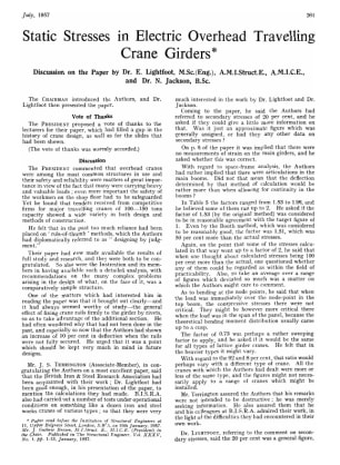 Static Stresses in Electric Overhead Travelling Crane Girders  Discussion on the Paper by Dr. E. Lig
