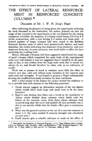 The Effect of Lateral Reinforcment in Reinforced Concrete Columns. Discussion of Mr. J.W.H. King's P