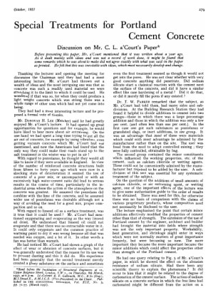 Special Treatments for Portland Cement Concrete Discussion on Mr. C. L. a&#8217;Court&#8217;s Paper