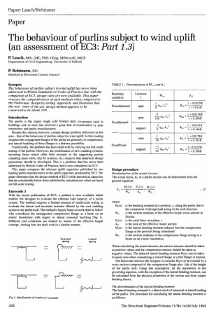 The Behaviour of Purlins Subject to Wind Uplift (an Assessment of EC3: Part 1.3)