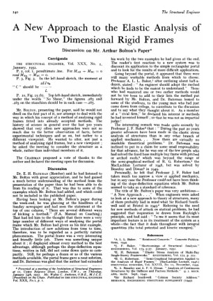 A New Approach to the Elastic Analysis of Two Dimensional Rigid  Frames Discussion on Mr. Arthur Bol