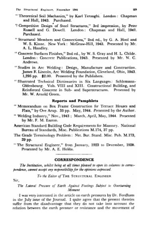 Correspondence. The Lateral Pressure of Earth Agaitut Footings Subject to Overturning Moment