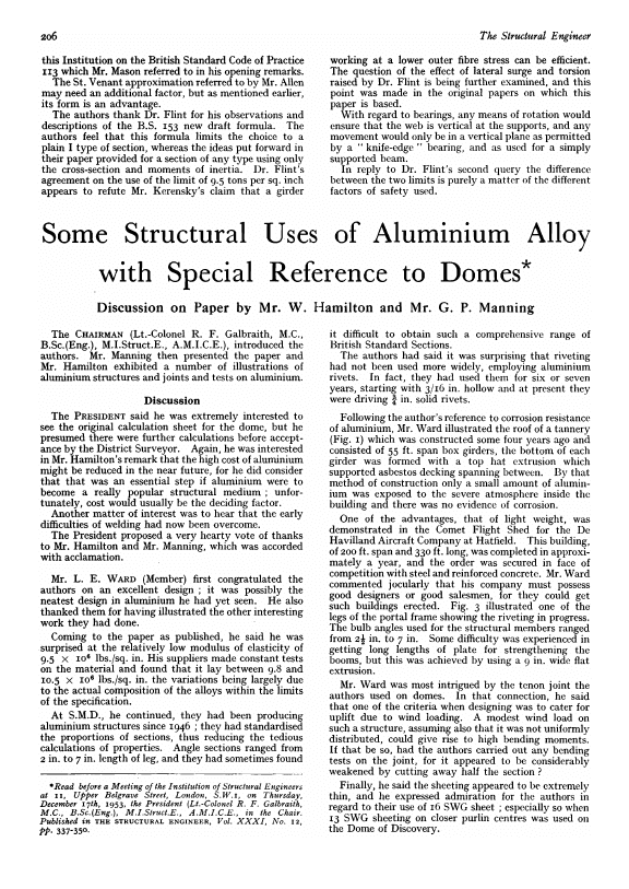 Some Structural Uses Of Aluminium Alloy With Special Reference To Domes Discussion On Paper By Mr W The Institution Of Structural Engineers