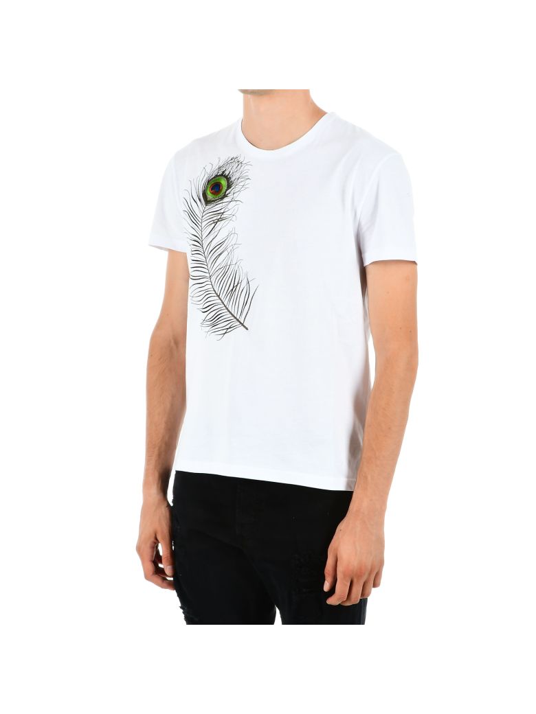 ALEXANDER MCQUEEN Peacock-Feather Embroidered Cotton T-Shirt in White ...