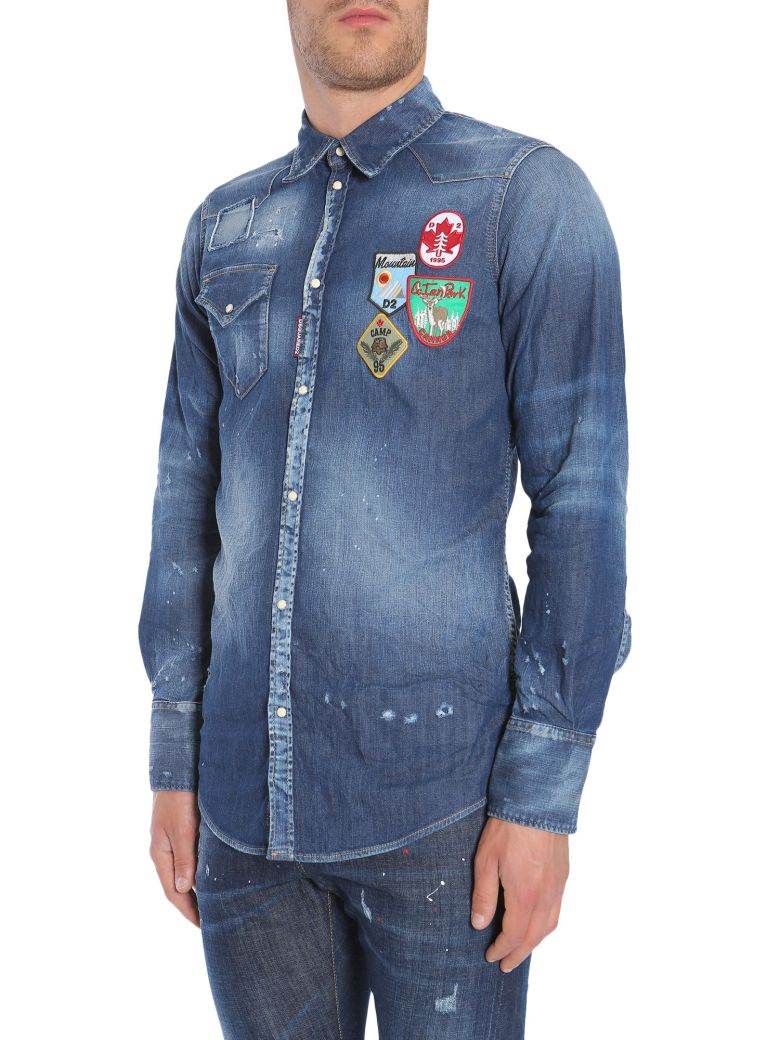 DSQUARED2 Destroyed Cotton Denim Shirt W/ Patches in Blue | ModeSens