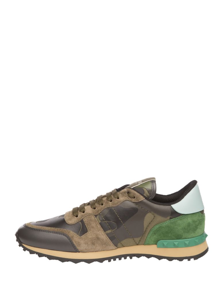 VALENTINO Rockrunner Leather And Suede Low-Top Trainers in Green | ModeSens