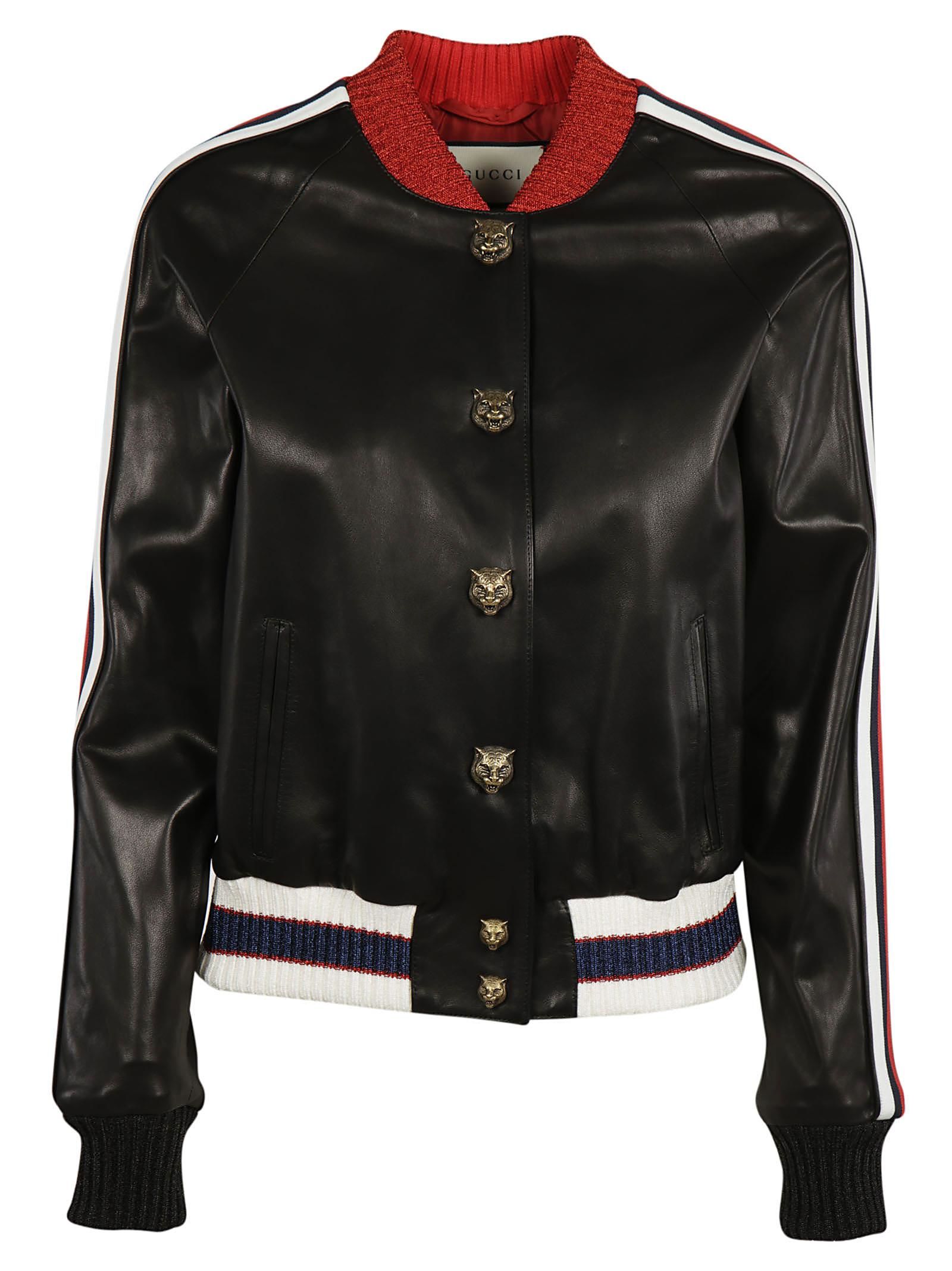 GUCCI LUREX-TRIMMED LEATHER BOMBER JACKET, BLACK PATTERN | ModeSens