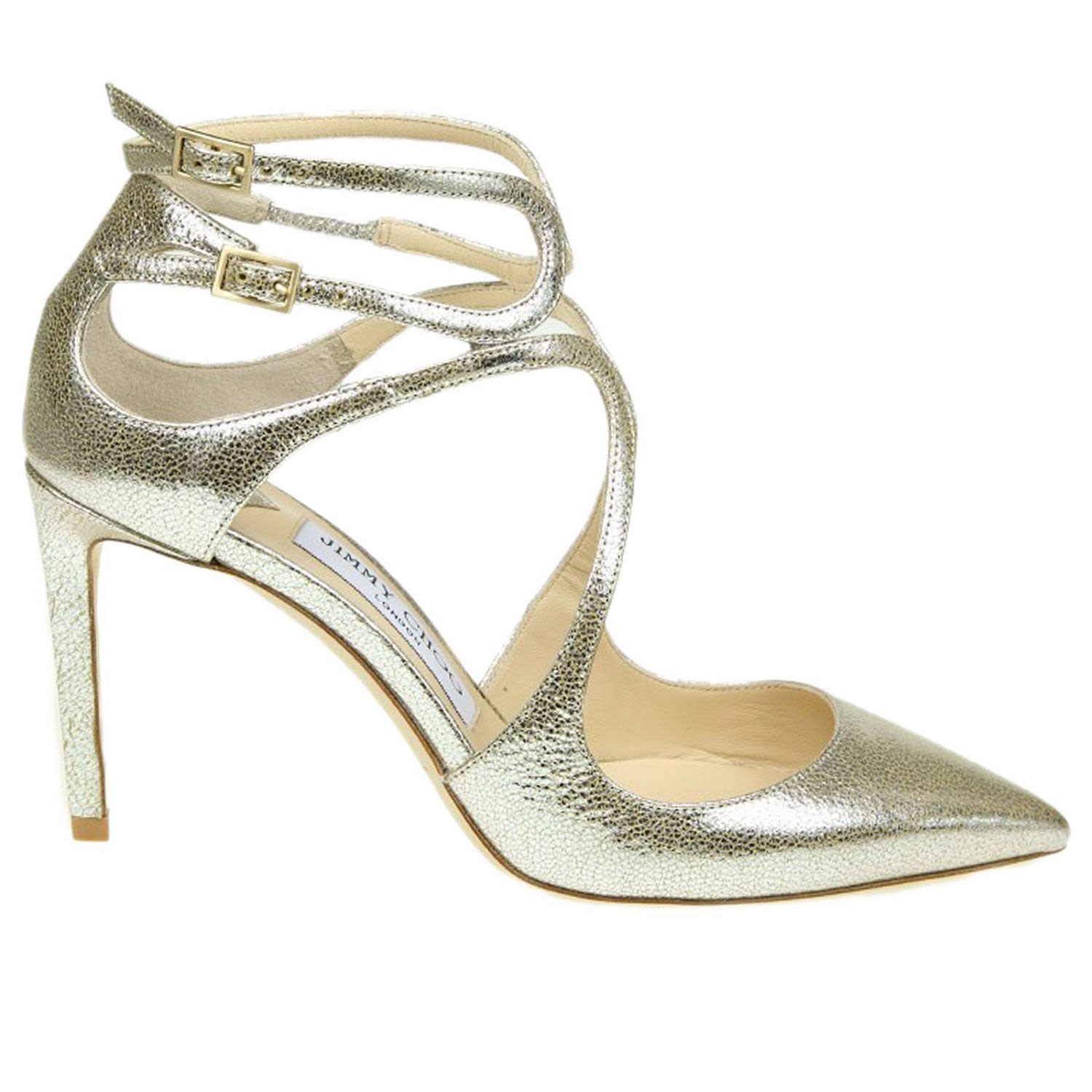 JIMMY CHOO Lancer 85 Champagne Glitter Leather Pointy Toe Pumps, As ...