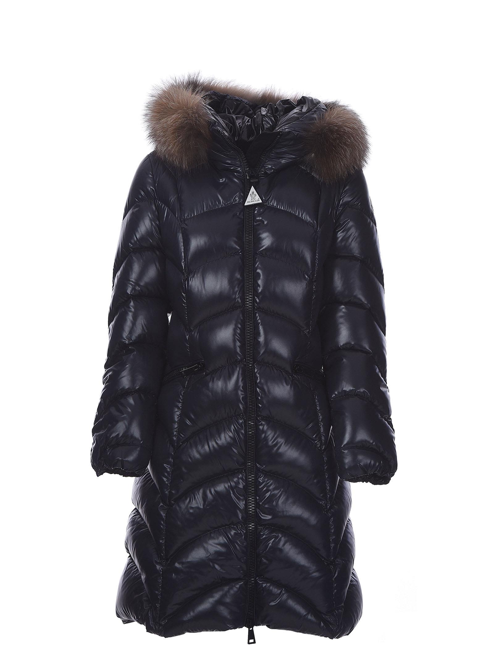 MONCLER Shiny Quilted Down Coat W/Fox Fur Hood in Navy | ModeSens