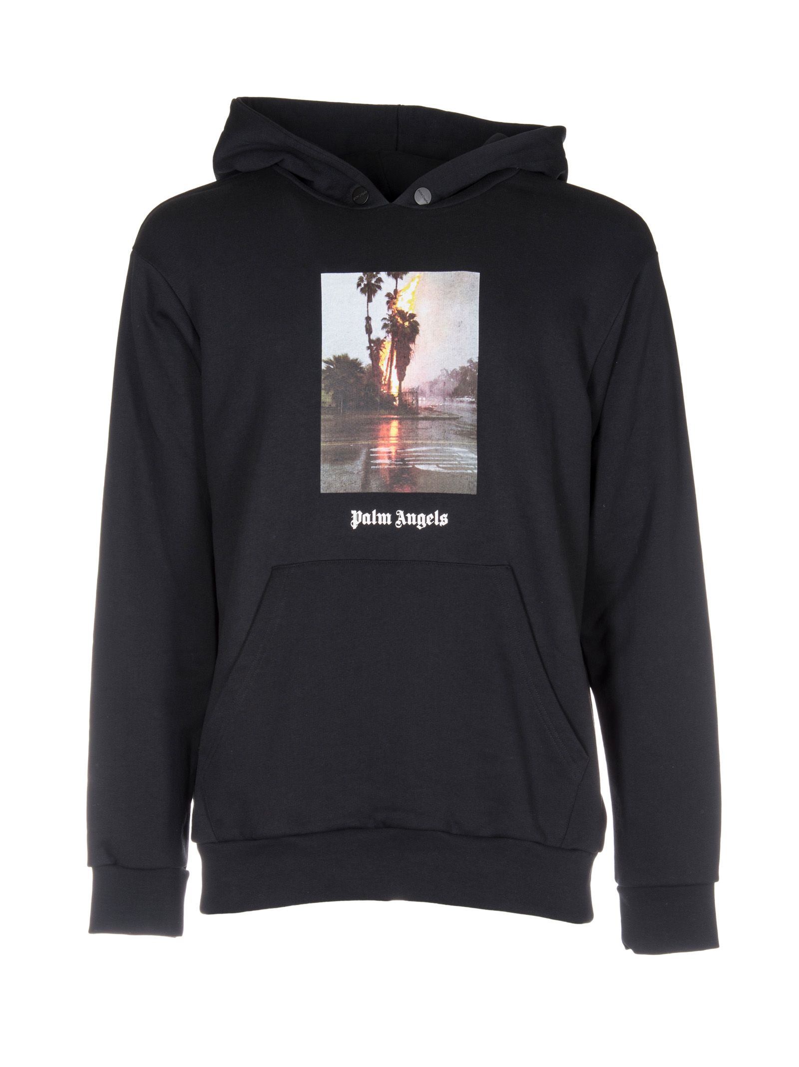 Palm Angels Burning Palm-Print Cotton Terry Hoodie In Black-Multicolor ...