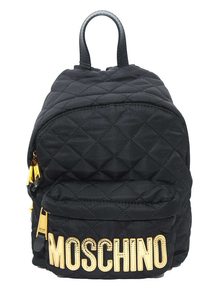 MOSCHINO LARGE LOGO QUILTED NYLON BACKPACK, BLACK/GOLD | ModeSens