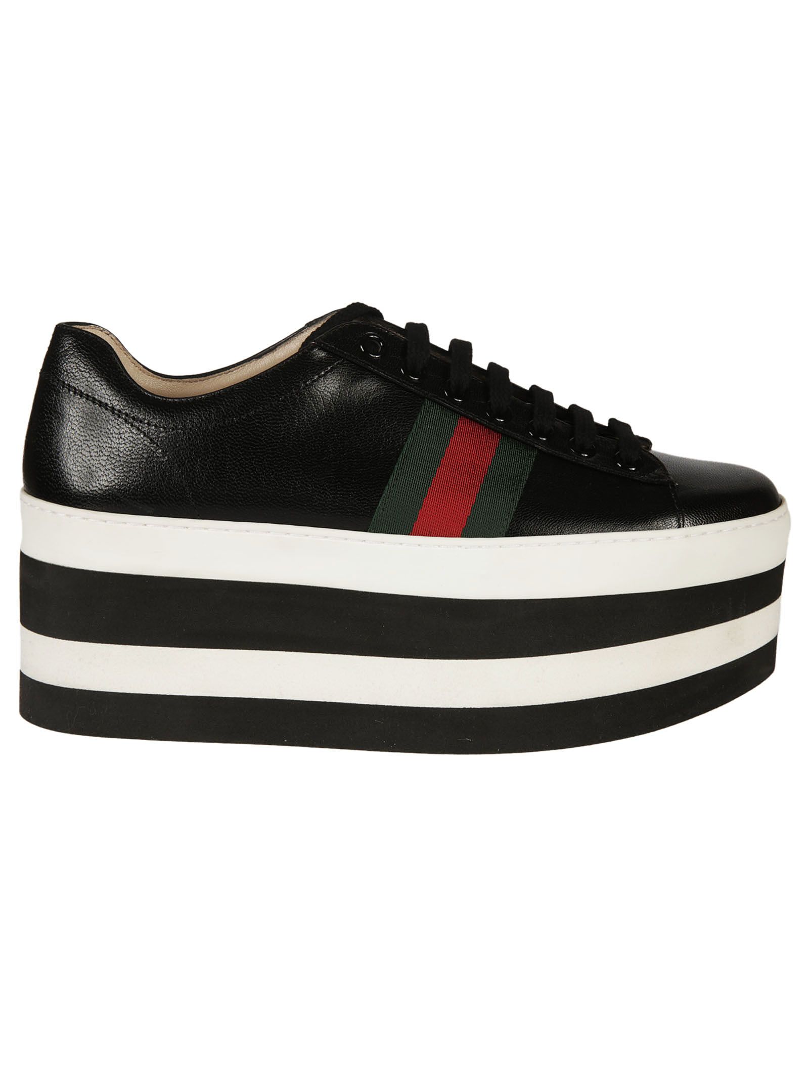 GUCCI Striped Platform Leather Sneakers In Black And White | ModeSens