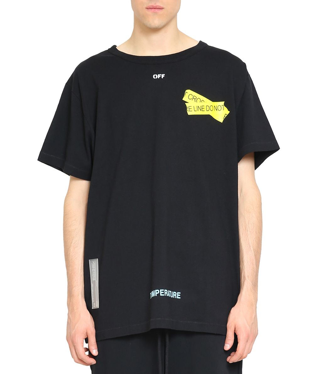 OFF-WHITE Slim Fit Fire Line Tape Jersey T-Shirt in Black/Yellow | ModeSens