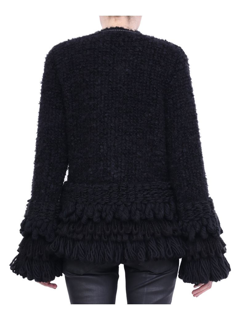 ROBERTO CAVALLI Yarn-Fringe Peplum Cardigan Sweater in Black | ModeSens