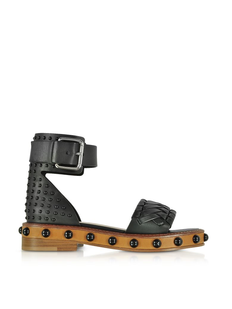 RED VALENTINO RED VALENTINO BLACK STUDDED LEATHER FLAT SANDALS,10591151