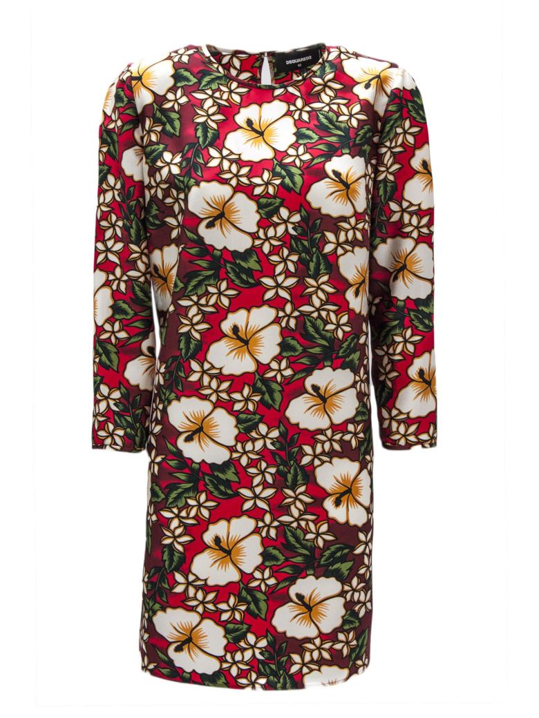 DSQUARED2 RED SILK DRESS WITH FLORAL PRINT,10570973