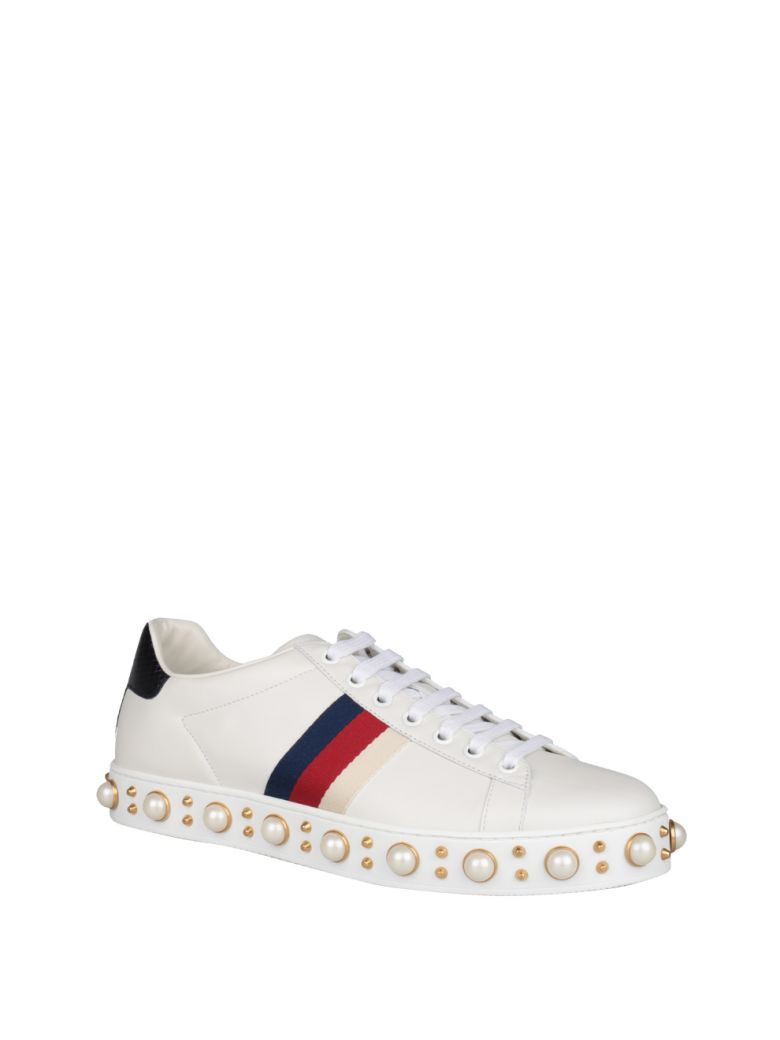 GUCCI New Ace Faux-Pearl Embellished Leather Trainers, White Multi ...