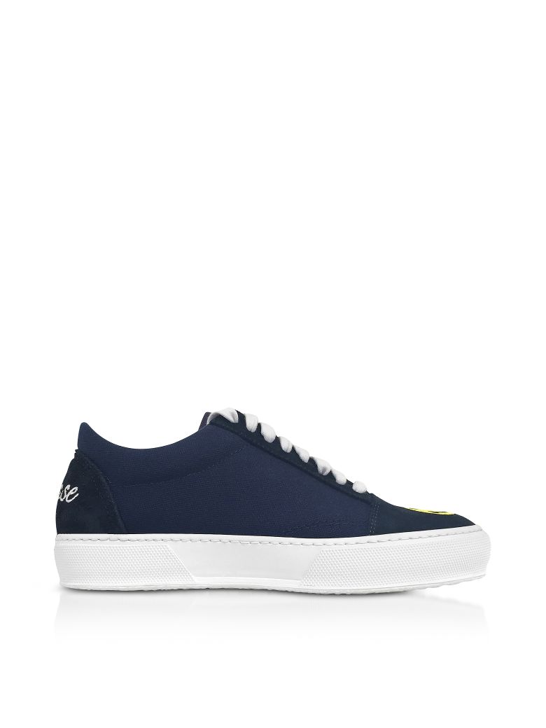 JOSHUA SANDERS BLUE COTTON AND LEATHER SMILE EMBROIDERY LACE UP SNEAKERS,10591021