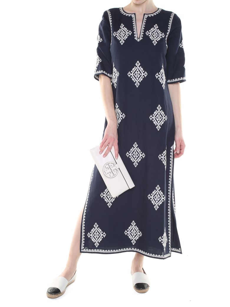 Tory Burch Celeste Embroidered Linen-blend Kaftan In Navy | ModeSens