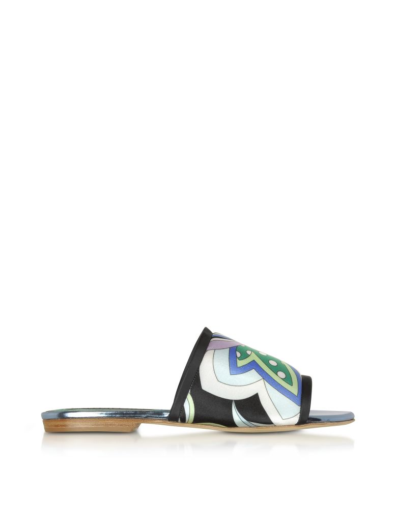 EMILIO PUCCI CORNFLOWER PRINTED CANVAS AND LEATHER FLAT SLIDE SANDALS,10591129