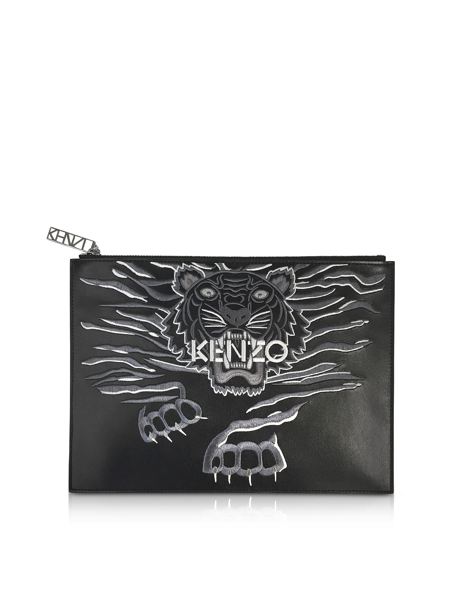 KENZO BLACK LEATHER A4 GEO TIGER CLUTCH,10588012
