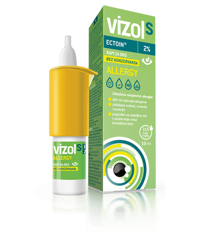 Vizol S Allergy su izotonične kapi s Ectoinom® sprječavaju i ublažavaju simptome alergijskog konjunktivitisa (svrbež, crvenilo, crvenilo, pretjerano suzenja oka)