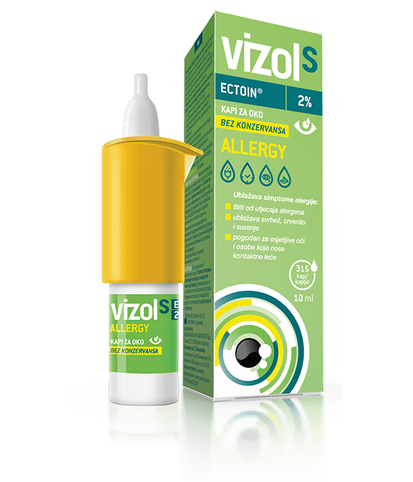 Vizol S Allergy su izotonične kapi s Ectoinom® sprječavaju i ublažavaju simptome alergijskog konjunktivitisa (svrbež, crvenilo, crvenilo, pretjerano suzenja oka)