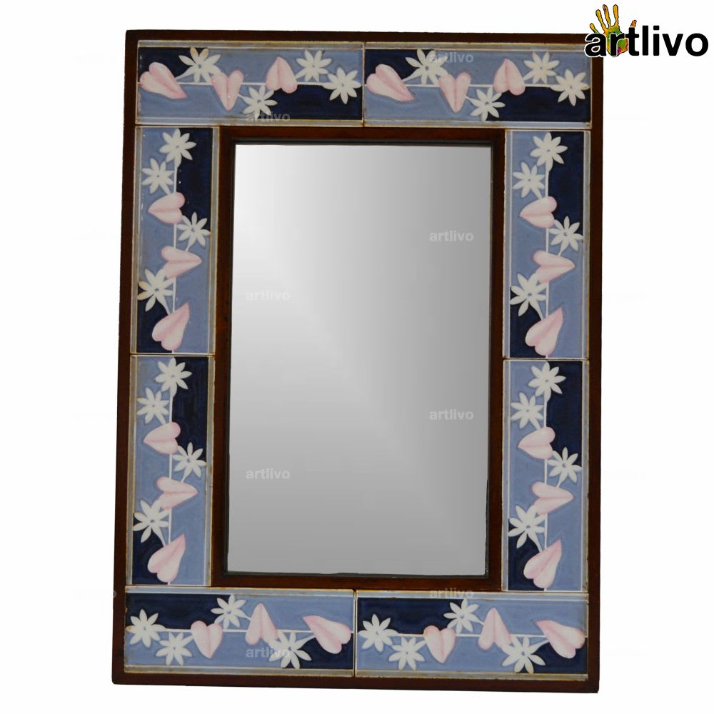 22 Inches Blue Pink Fl Decorative Bathroom Wall Hanging Tile Mirror Frame