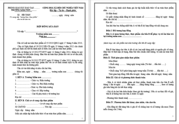 Đầy đủ mẫu hợp đồng mua bán thực phẩm trường mầm non giúp bạn tiết kiệm thời gian