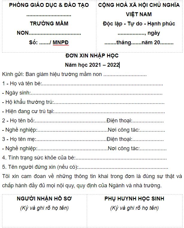 Download Đơn xin nhập học Mầm non năm 2021 - 2021