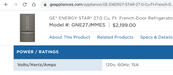 GE website that shows power with volts, hertz, and amps