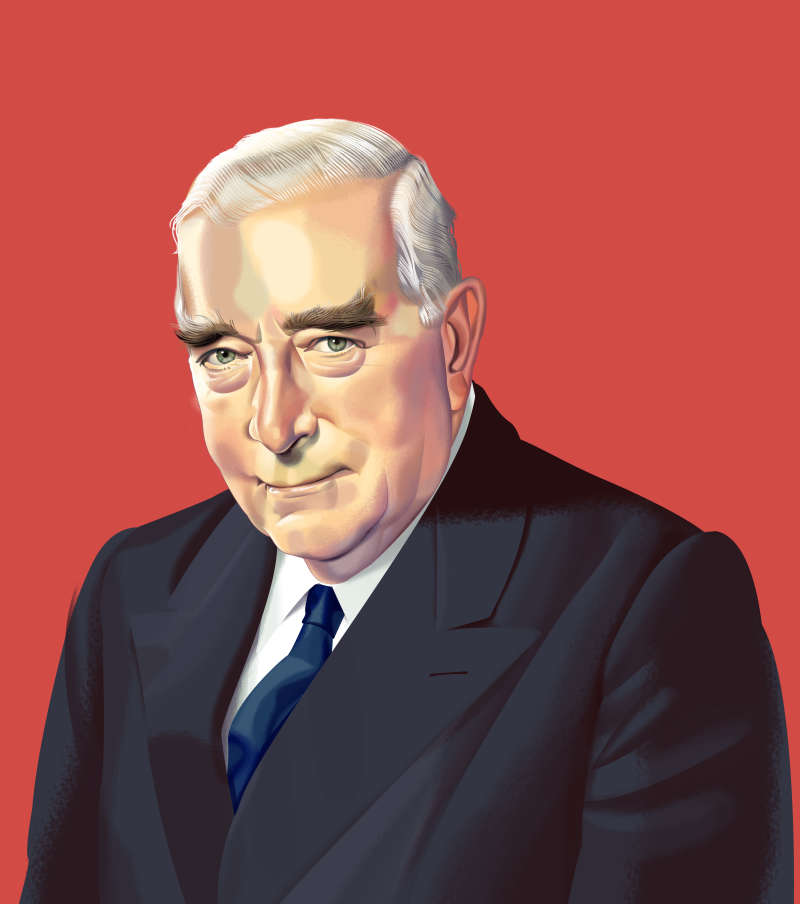 An illustrated portrait of Robert Menzies looking directly at the camera, wearing a suit with a red background. 