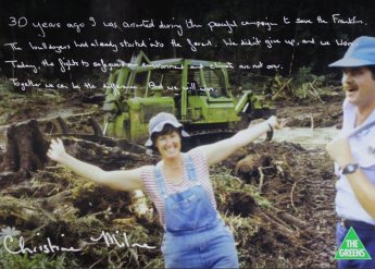 This Greens promotional poster centres on Christine Milne’s arrest at the construction site of the Franklin Dam, 30 years earlier. Milne was one of many arrested and jailed in 1983 for their efforts to prevent the controversial dam going ahead. Museum of Australian Democracy Collection