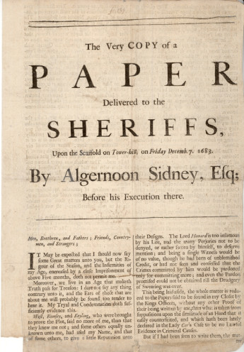 Paper delivered to the Sheriffs upon the Scaffold on Tower-hill, 1683