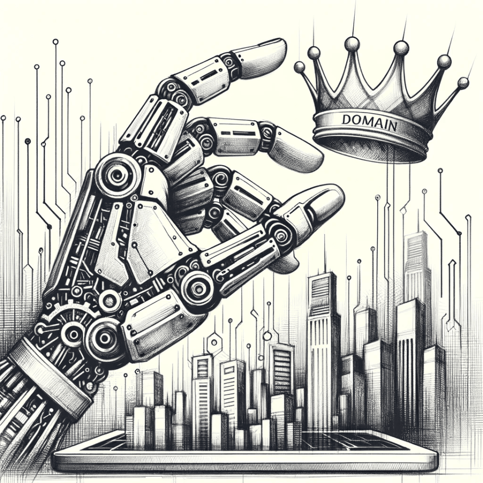 Image describing a robotic hand trying to grab a crown labelled with the words domain
