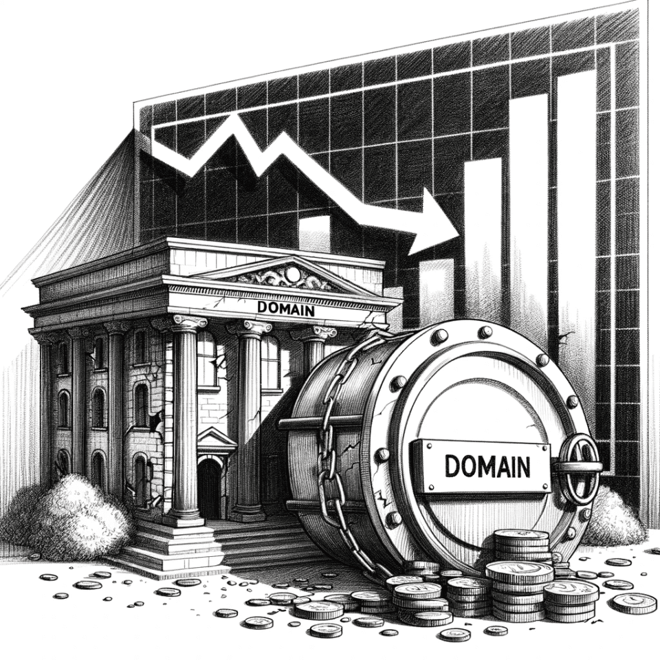 A bank with a broken vault in front with the label "Domain" and a financial chart going down in background