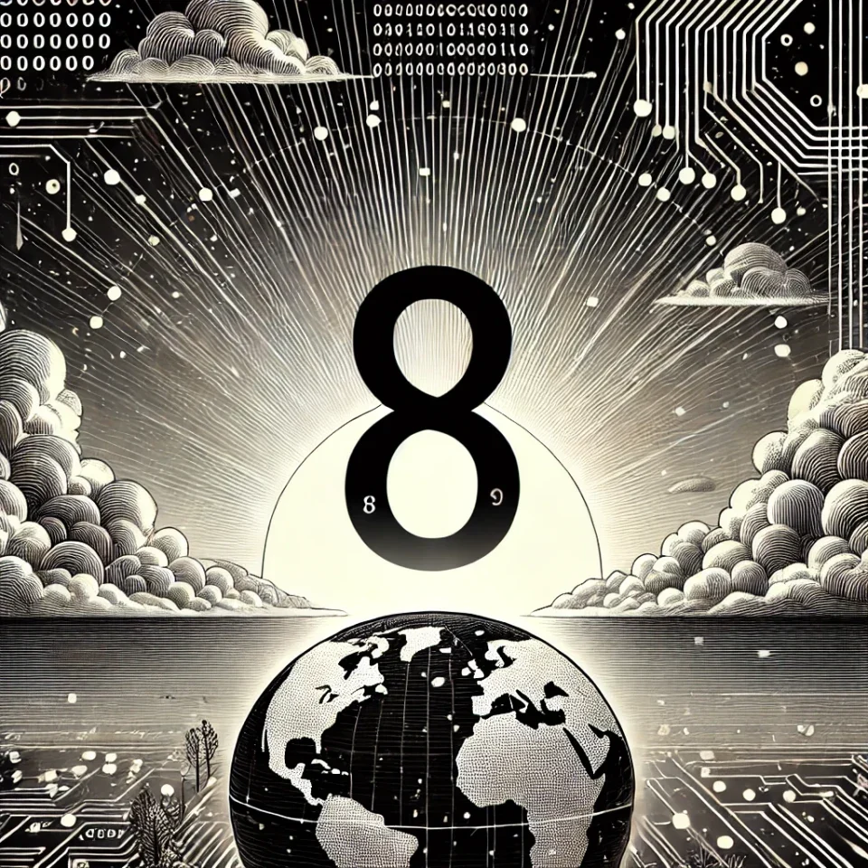 Image depicting number 8 with a bright dawn on digital landscape