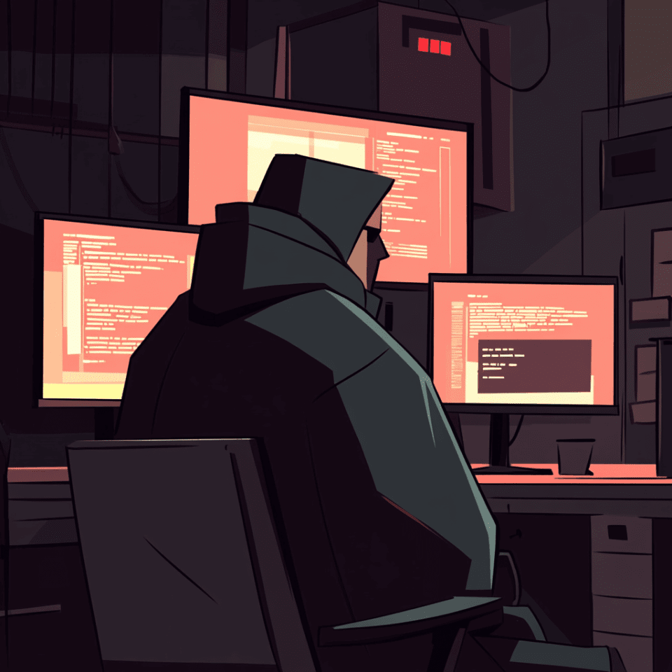 A hacker in a hoodie sitting in a dark room, surrounded by multiple monitors