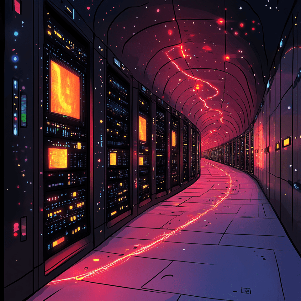 A futuristic data center with flowing lines around them signifying net traffic