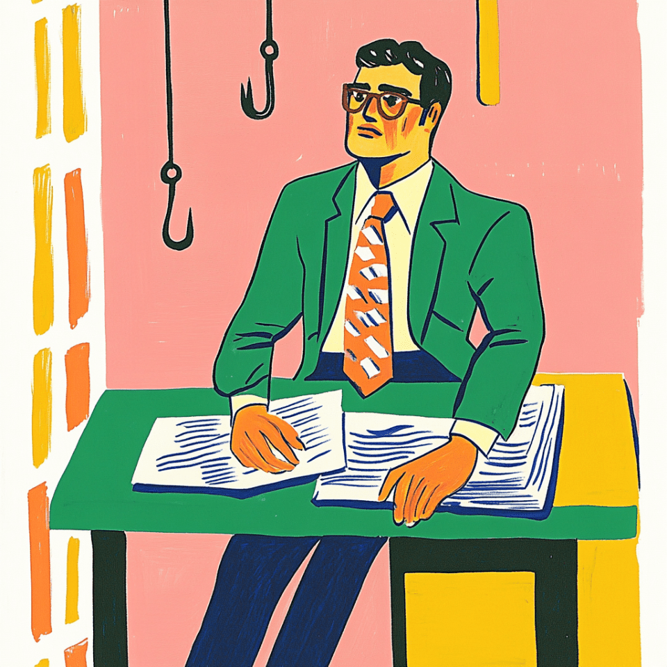 A office worker sitting on his desk reaching for a fishing hook