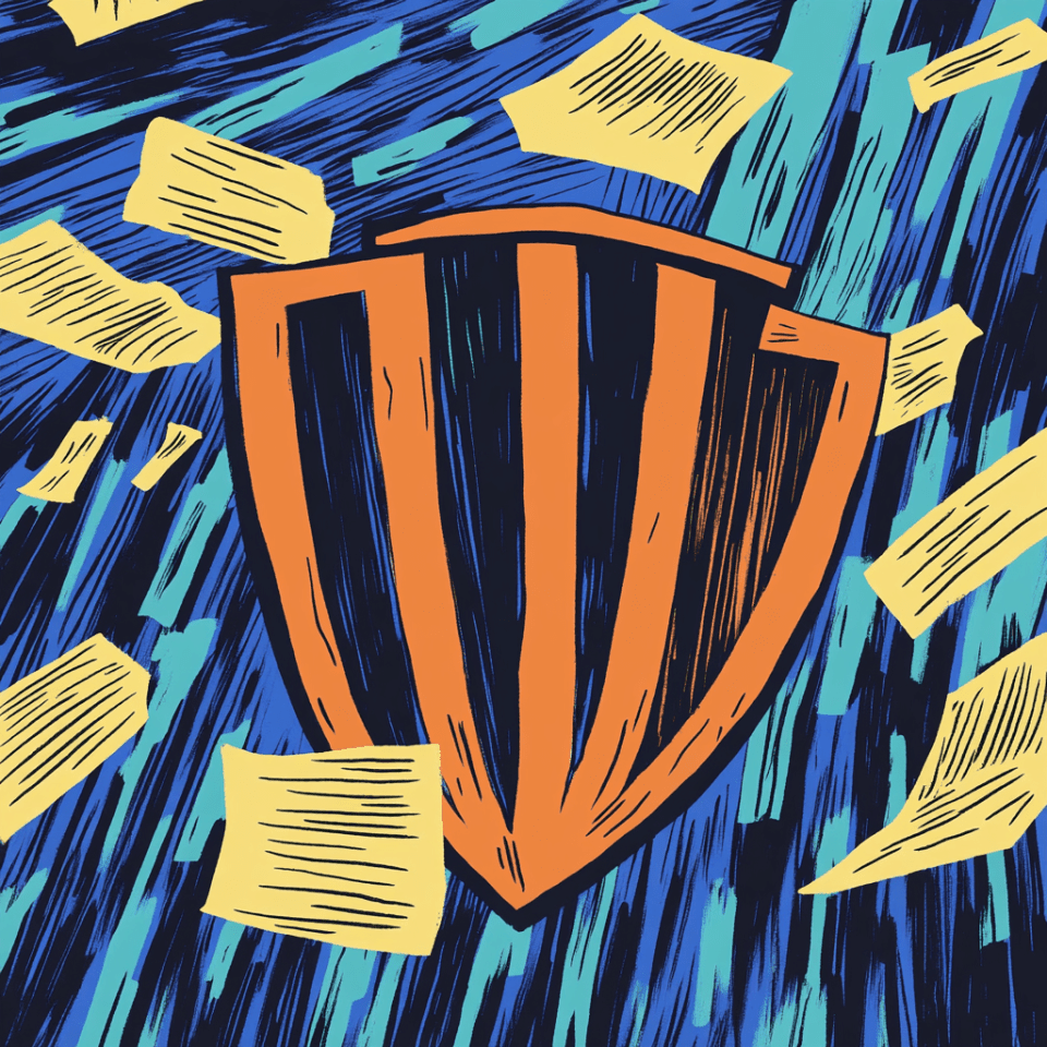 An illustration of shield with documents flying in the air around it