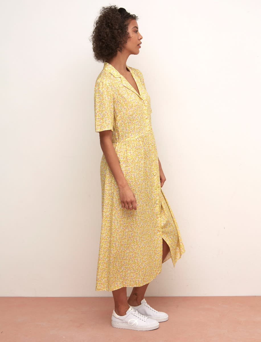 Leonora Yellow Midi Dress w/ Ruffles & Lace