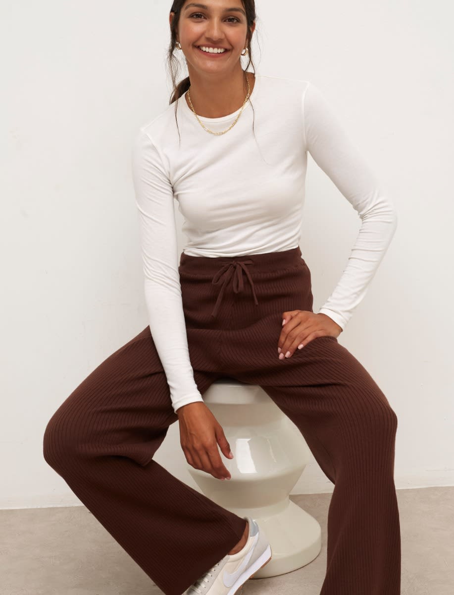 Chocolate Ribbed Wide Leg Trouser