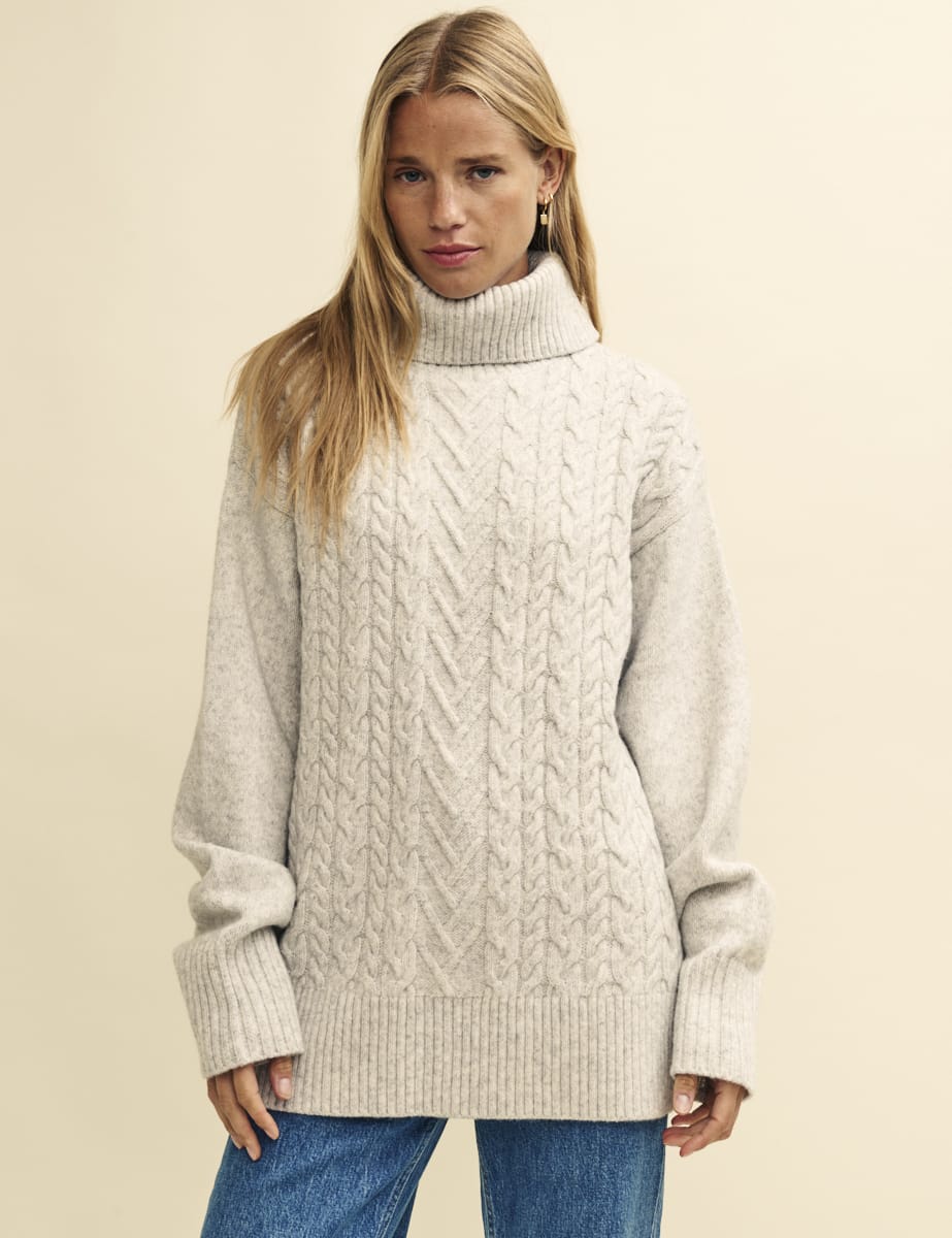 Light Grey Cable Knit Roll Neck Jumper